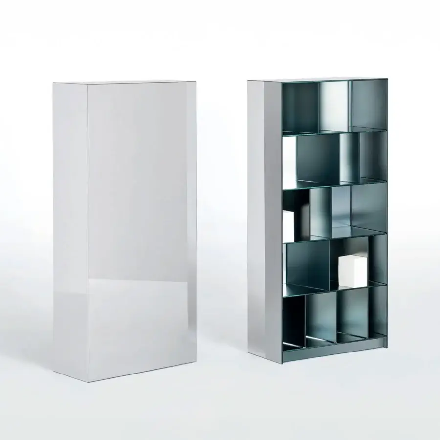 Elegant Glas Italia Obliquo cupboard crafted with shiny polished laminated glass and muted gray-green frame