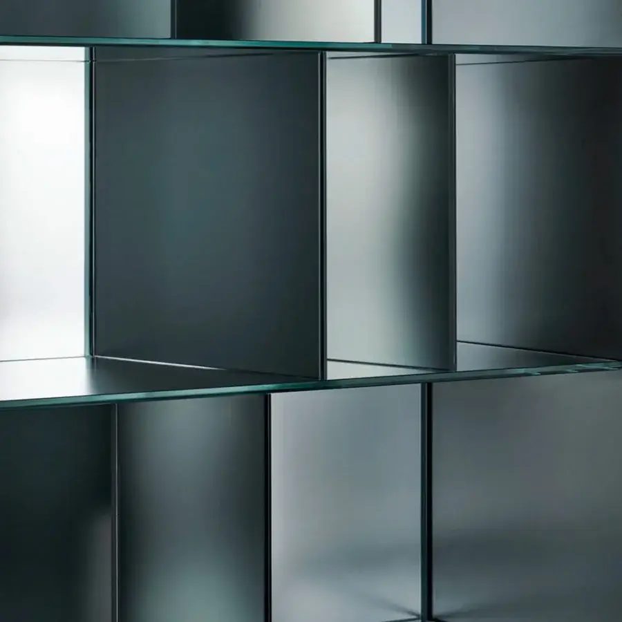 Distinguished Glas Italia Obliquo cupboard built with laminated glass in a deep teal tinted finish and shiny polished edges