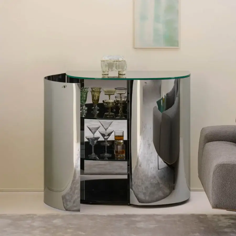 Exceptional Glas Italia Oltralpe sideboard crafted with mirrored laminated and tempered glass in a contemporary silver finish