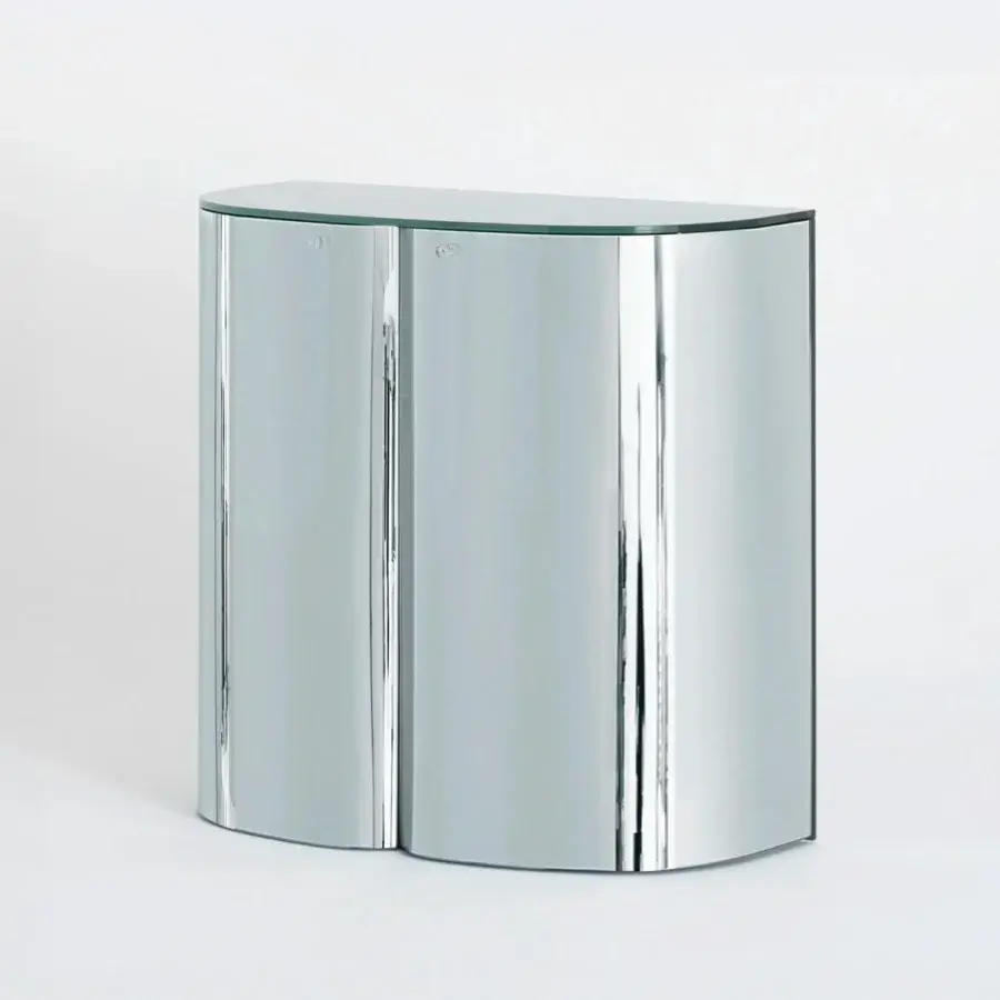 Superior Glas Italia Oltralpe sideboard built with mirrored laminated glass offering fluid reflections and cylindrical glass handles