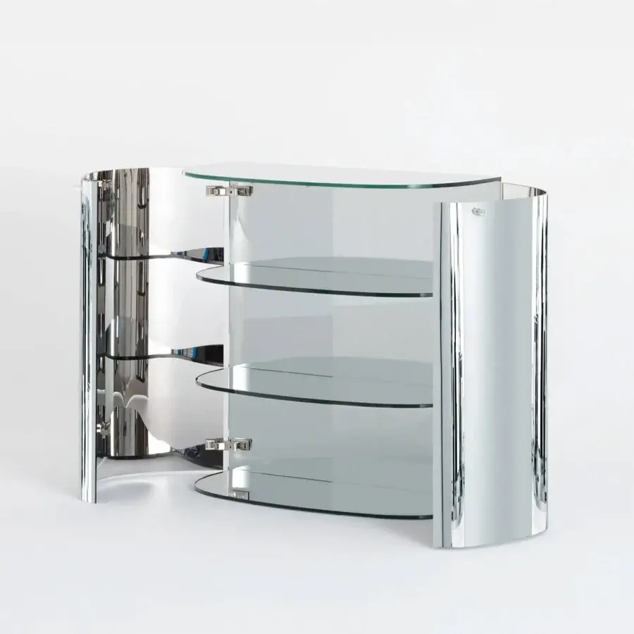 Elegant Glas Italia Oltralpe sideboard crafted with laminated and tempered mirrored glass exhibiting a polished silver finish