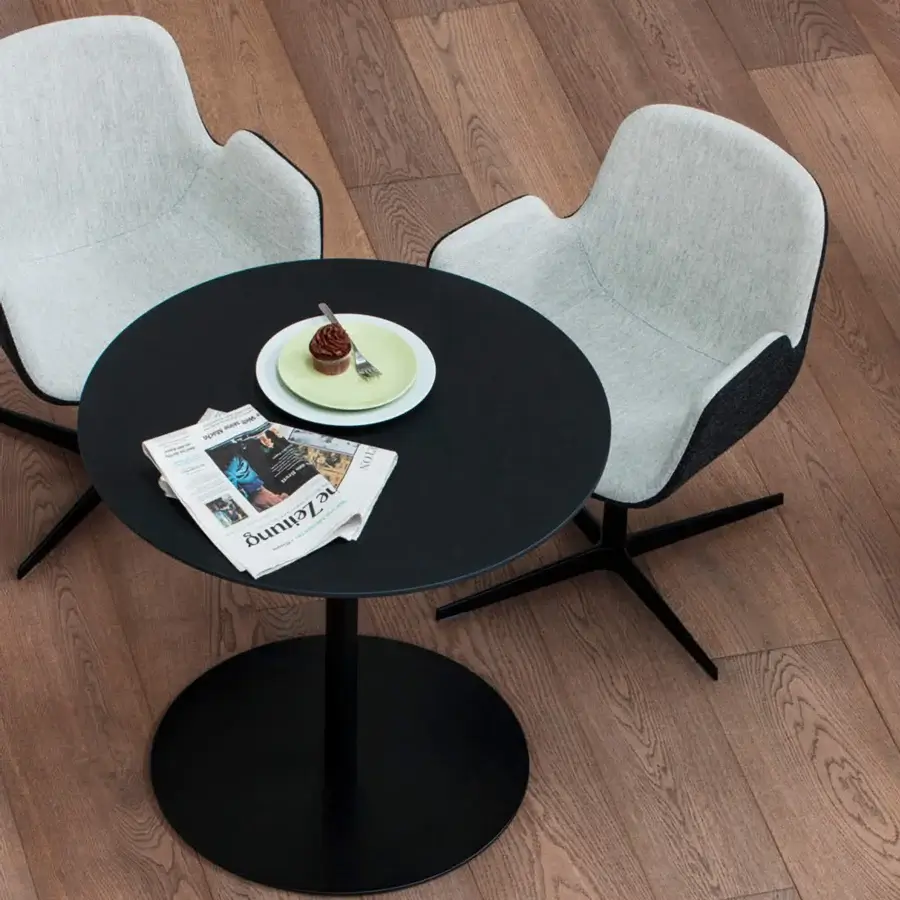 Exceptional Lapalma Pass armchair with light grey textile upholstery, darker grey interior, and black matte metal swiveling base