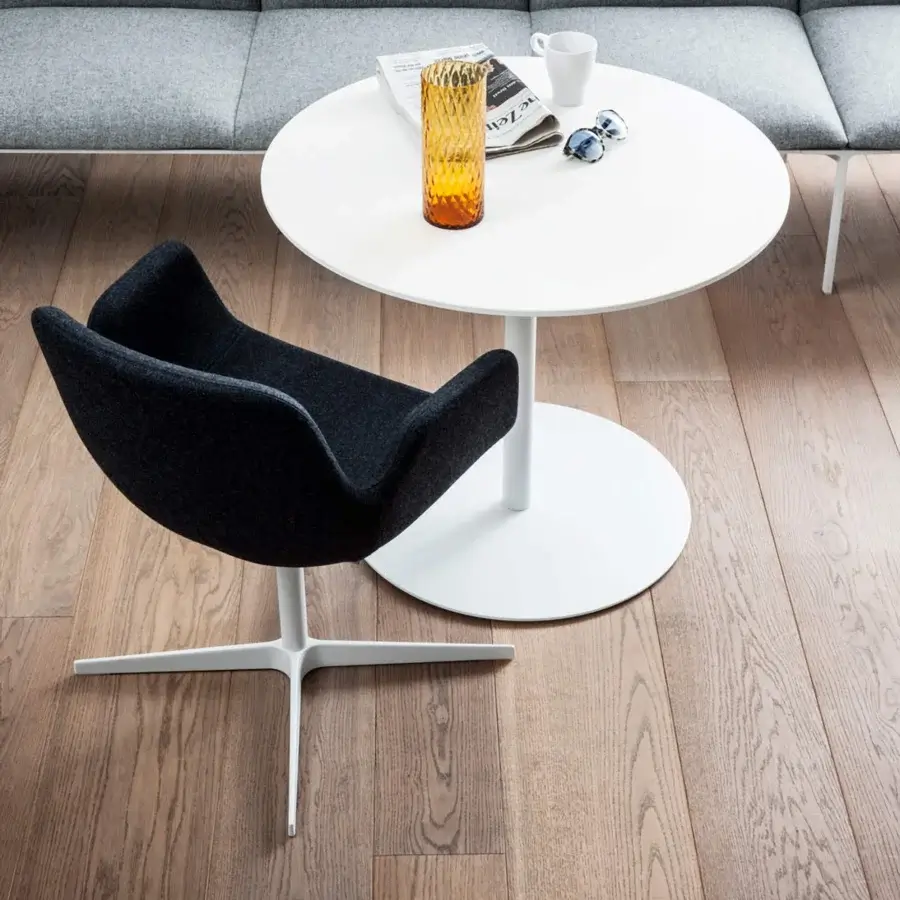 Innovative Lapalma Pass armchair with dark gray woven textile upholstery and white satin-finish metal swivel base