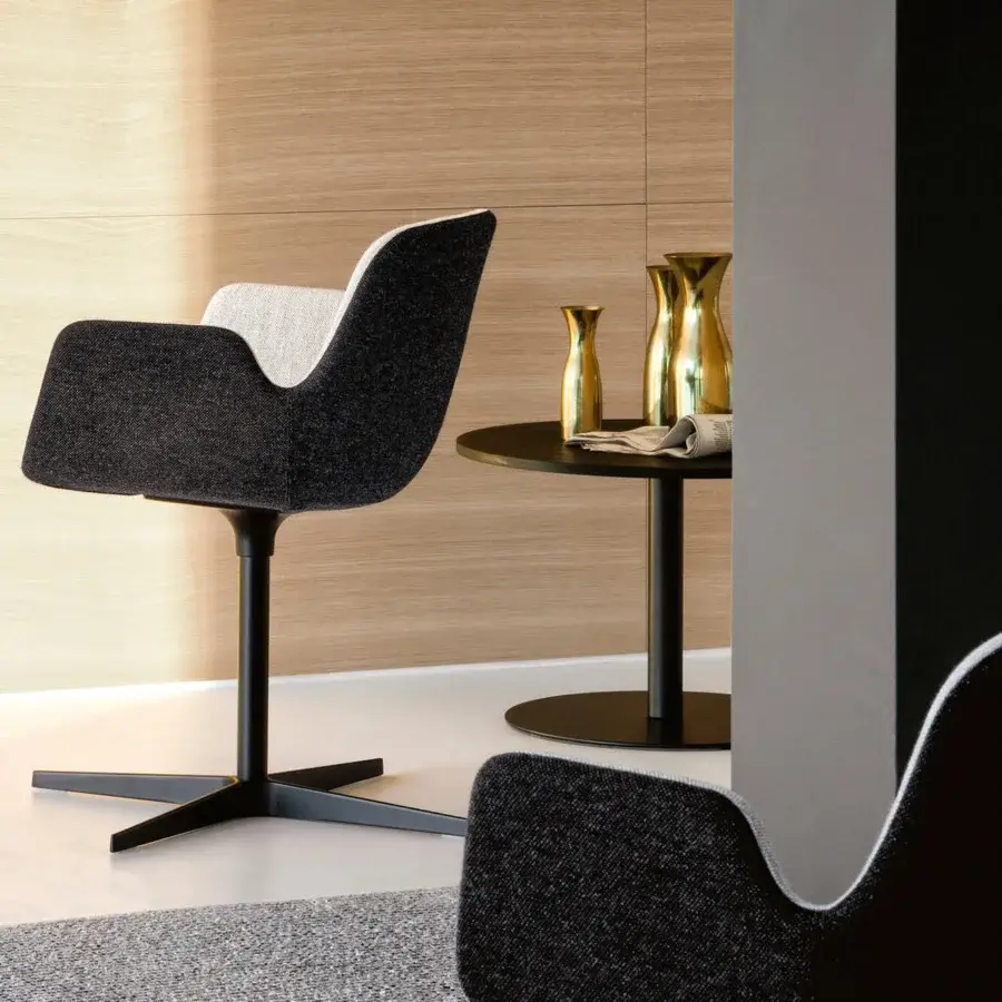 Exceptional Lapalma Pass armchair with charcoal gray textile upholstery and sleek black metal swivel base crafted in Italy