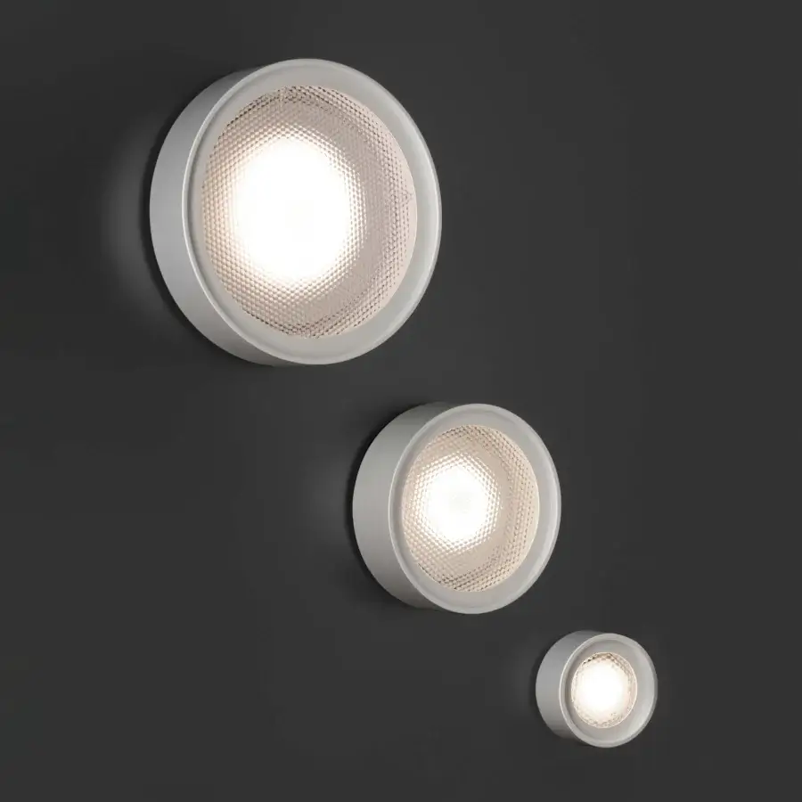 Distinguished Oluce Berlin-Out lamp crafted in Italy with a light grey circular form and smooth matte finish