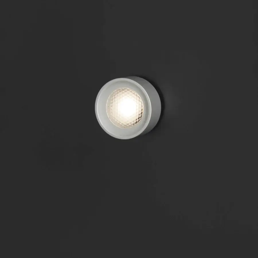Elegant Oluce Berlin-Out lamp crafted in Italy with a light gray circular fixture and smooth matte texture