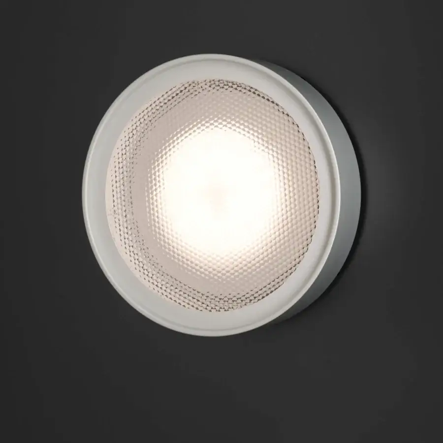 Superior Oluce Berlin-Out lamp crafted in white with a textured glass diffuser and matte ring finish