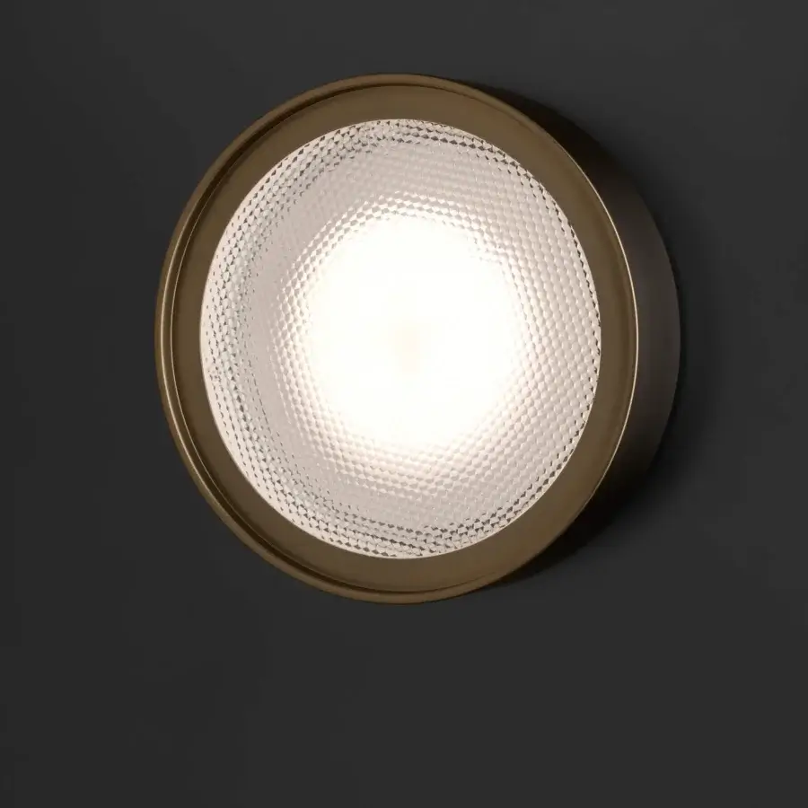 Distinguished Oluce Berlin-Out lamp crafted in golden-bronze metal with a satin finish and textured glass diffuser