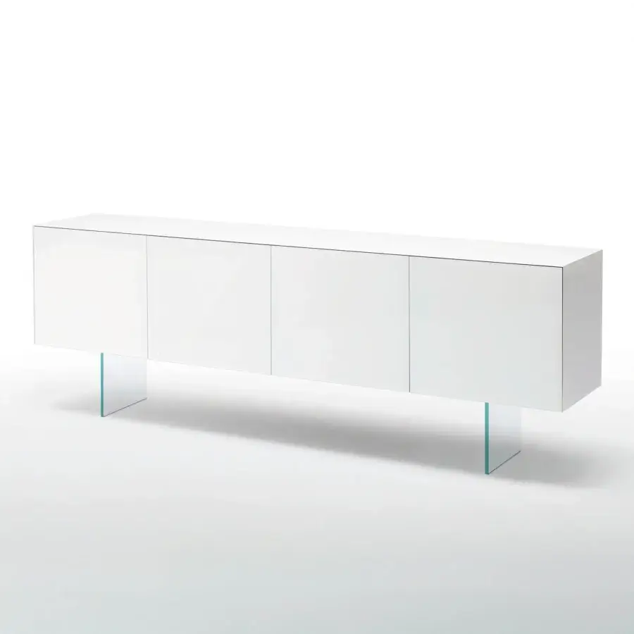 Stunning Glas Italia Magic Box sideboard crafted in glossy lacquered glass with transparent extralight glass shelves and mirrored doors