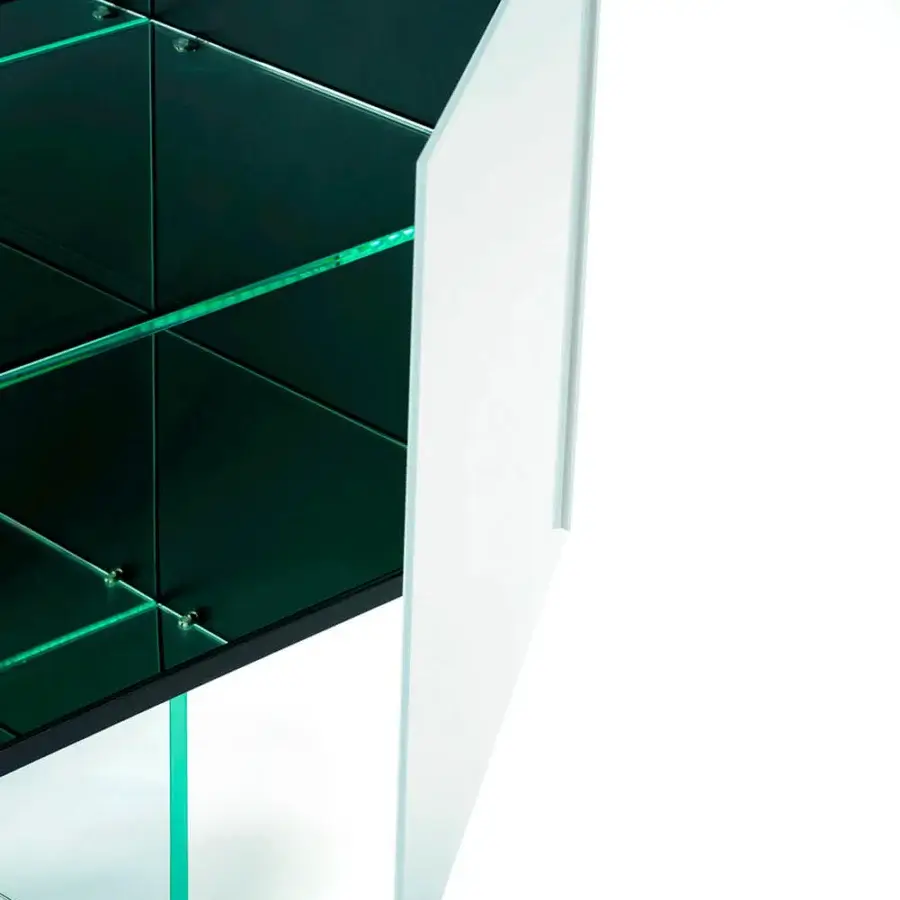 Distinguished Glas Italia Magic Box sideboard built in glossy lacquered glass with laminated matt charcoal wood and mirrored doors