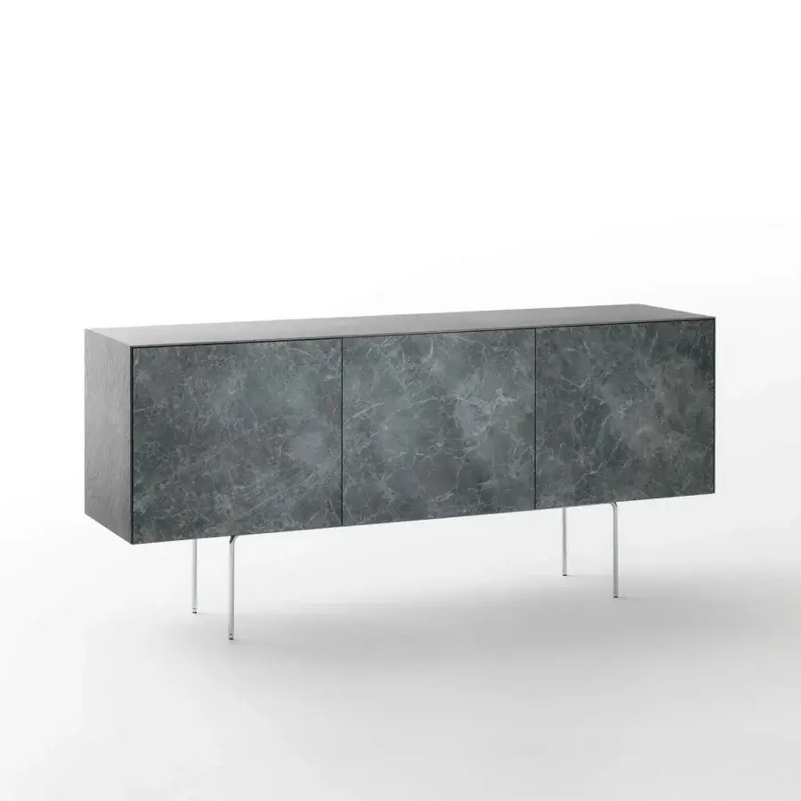 Exclusive Glas Italia Magic Box sideboard crafted in dark grey marble-effect glossy lacquered glass with polished chrome metal legs