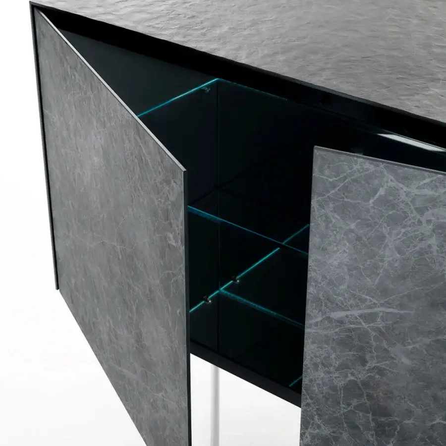 Superior Glas Italia Magic Box sideboard built in gray veined glossy lacquered glass with charcoal wood and glass shelving