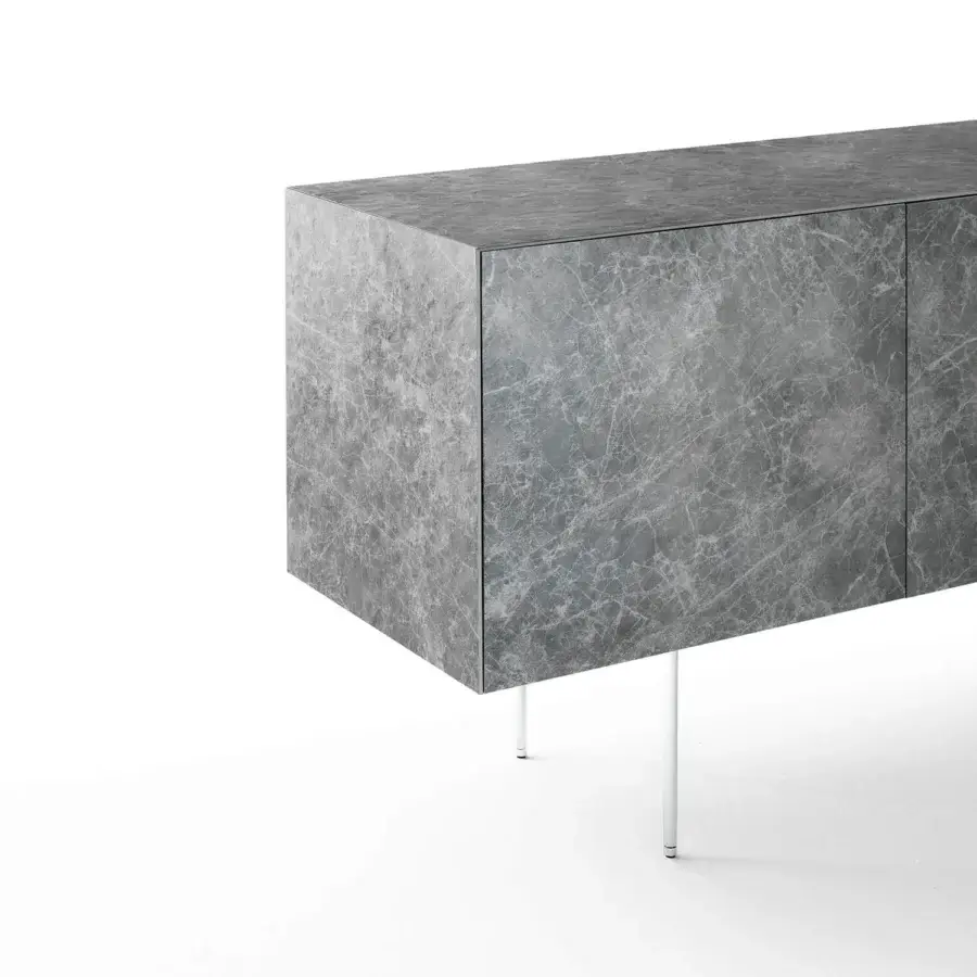 Elegant Glas Italia Magic Box sideboard crafted in cool grey marble-effect glossy lacquered glass with charcoal laminated wood interior