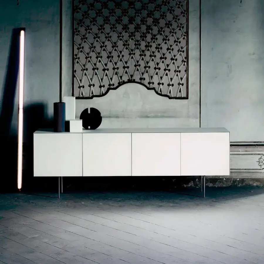 Distinguished Glas Italia Magic Box sideboard built with glossy lacquered glass and slim chromed metal legs in white finish