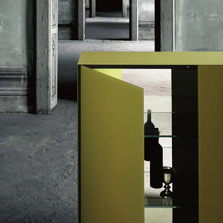 Distinguished Glas Italia Magic Box cupboard crafted in opaque olive-green lacquered glass with charcoal wood and transparent glass shelving