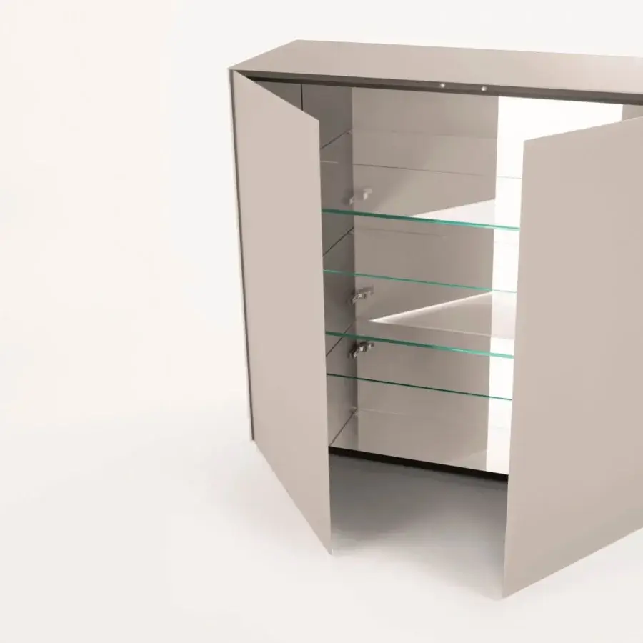 Superior Glas Italia Magic Box cupboard in neutral gray glossy lacquered glass with charcoal laminated wood interior