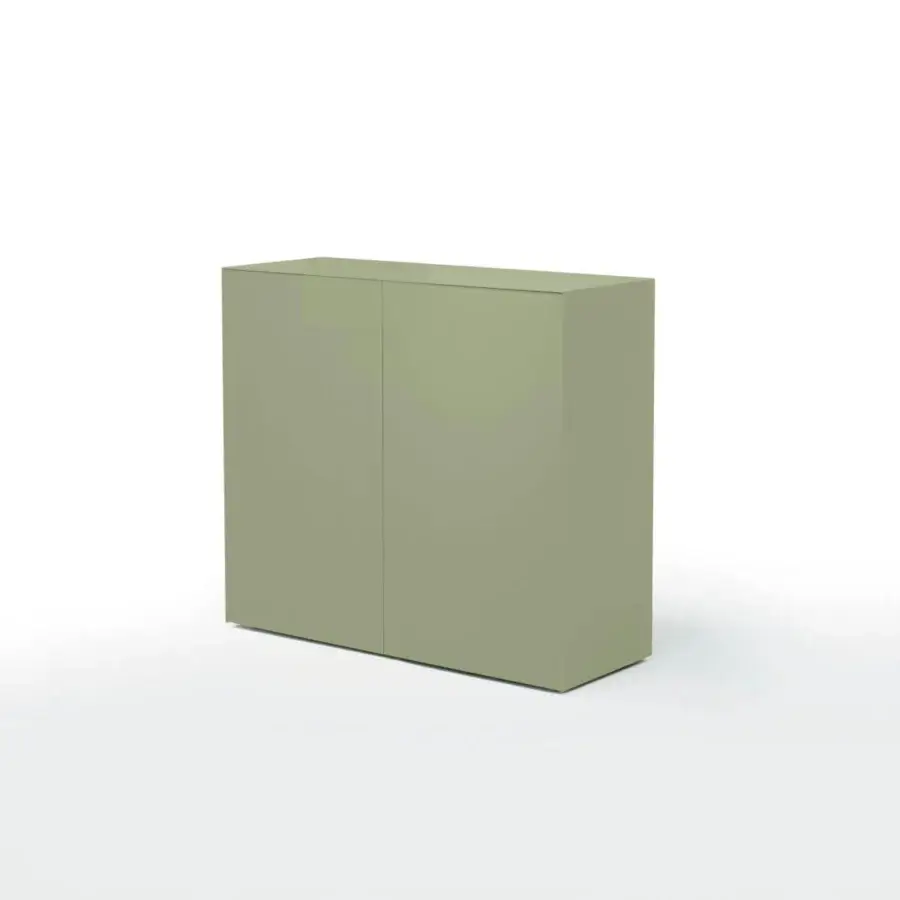 Elegant Glas Italia Magic Box cupboard in light green lacquered glass with charcoal wood and transparent glass shelves