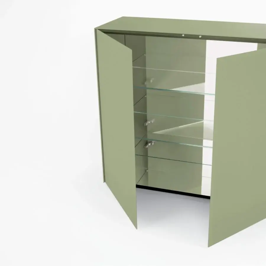 Distinguished Glas Italia Magic Box cupboard in opaque olive green lacquered glass with charcoal wood and transparent glass shelving