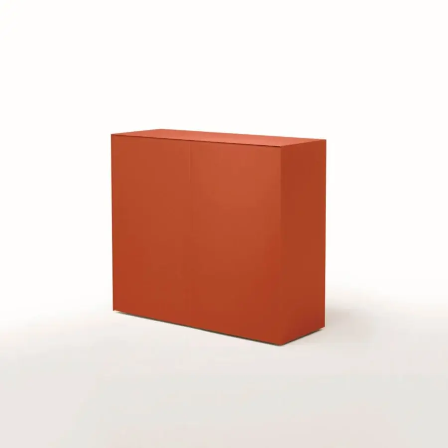 Superior Glas Italia Magic Box cupboard crafted in reddish-orange glossy lacquered glass with transparent extralight glass shelving and matte finish