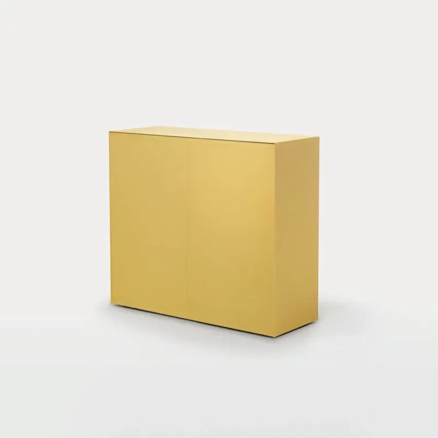 Meticulous Glas Italia Magic Box cupboard in muted yellow lacquered glass with charcoal wood and transparent glass shelving
