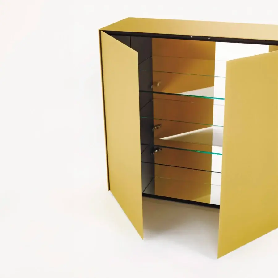Distinguished Glas Italia Magic Box cupboard in vibrant yellow lacquered glass with charcoal laminated wood and transparent glass shelves