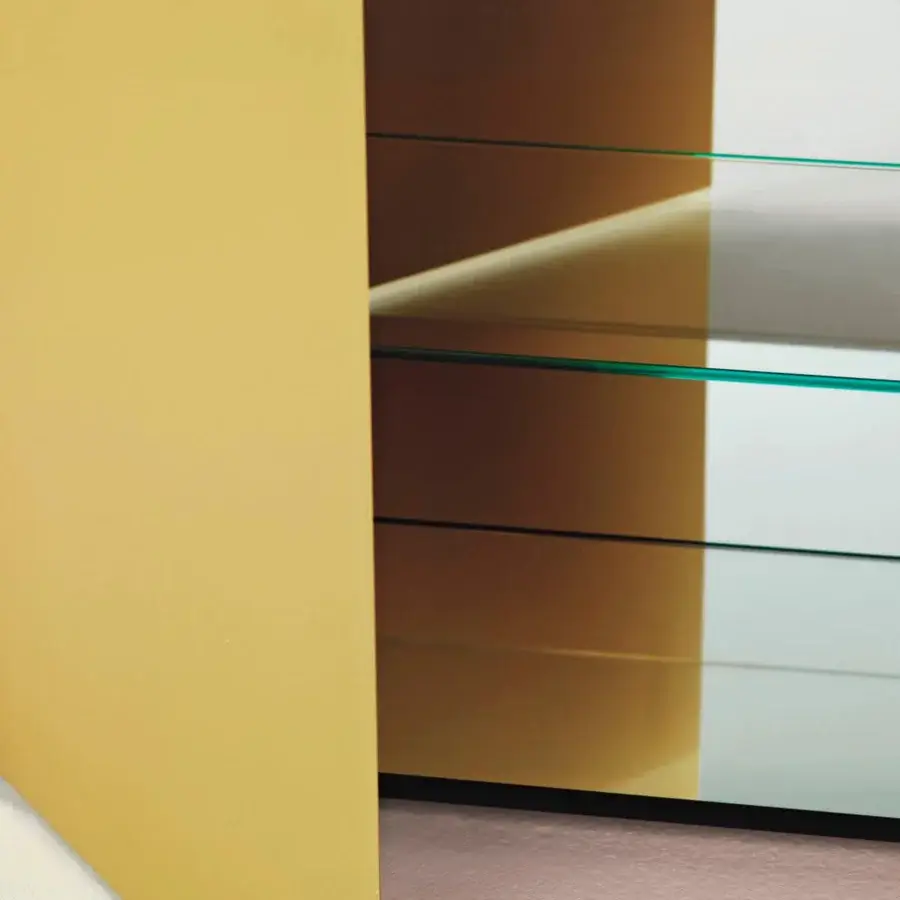 Exclusive Glas Italia Magic Box cupboard in glossy yellow lacquered glass with charcoal wood interior and mirrored doors