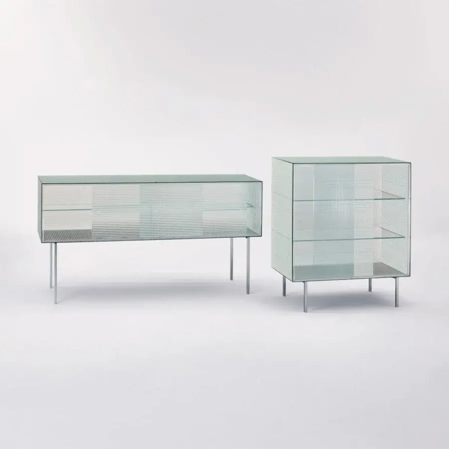 Exceptional Glas Italia Commodore sideboard crafted from light green checked patterned glass with chromium-plated metal legs