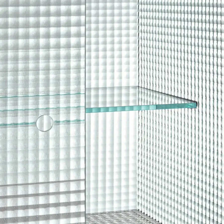 Distinguished Glas Italia Commodore sideboard crafted from checked patterned glass with a silvered-tone base and chromium-plated metal legs