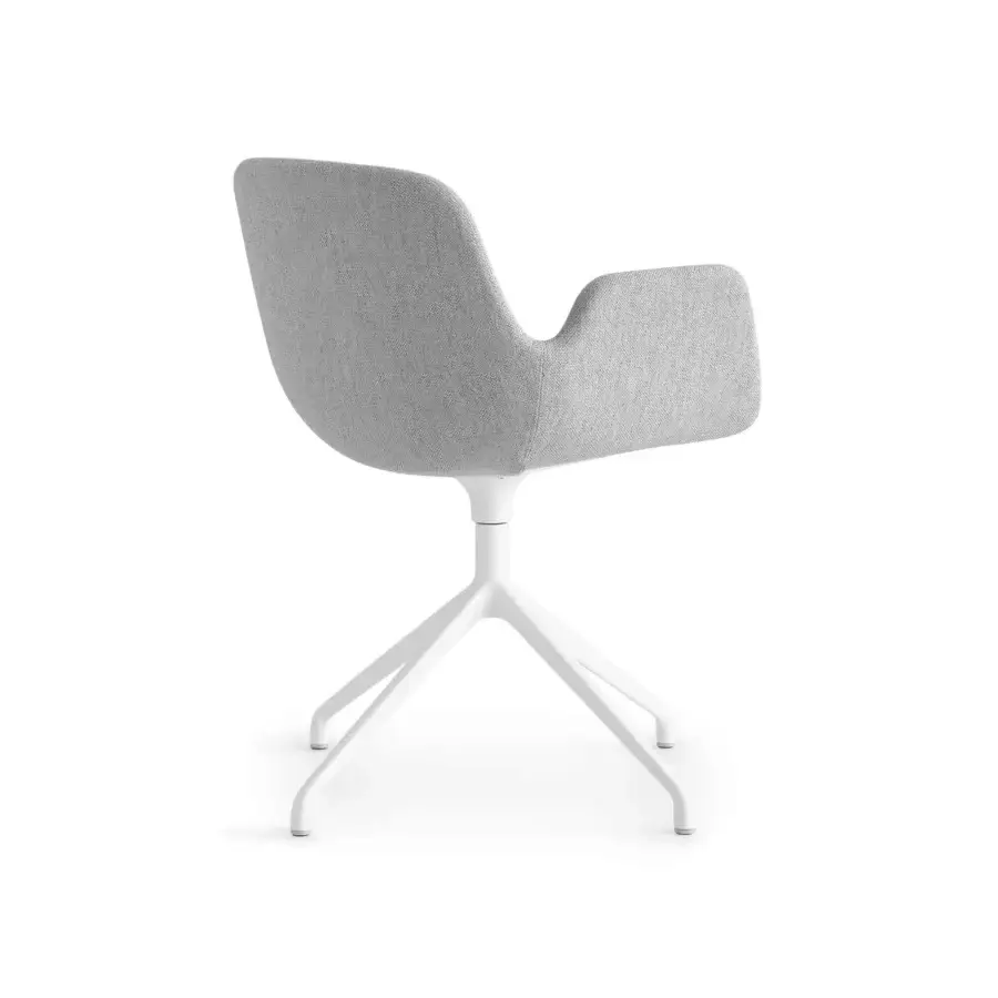 Elegant Lapalma Pass armchair with a fluid silhouette and practical swivel base in textured light gray textile with a sleek white metal finish