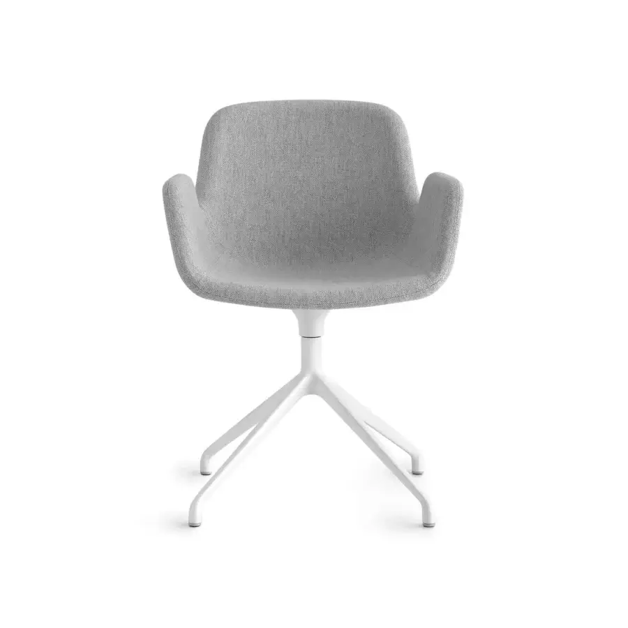 Distinguished Lapalma Pass armchair with a 360-degree swivel base and textured light gray textile upholstery crafted in Italy with a white metal frame
