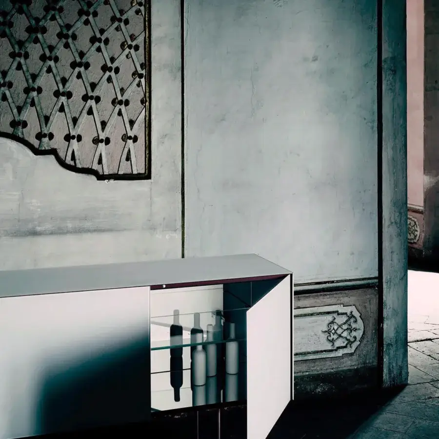 Exceptional Glas Italia Magic Box sideboard crafted from glossy lacquered glass with a laminated matt charcoal wood interior and chromed metal legs