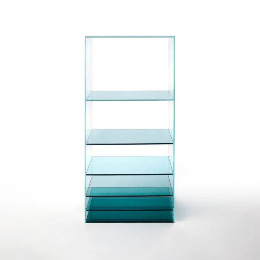 Distinguished Glas Italia Deep Sea bookcase crafted from transparent extralight glass with a gradient from pale to deep teal hues