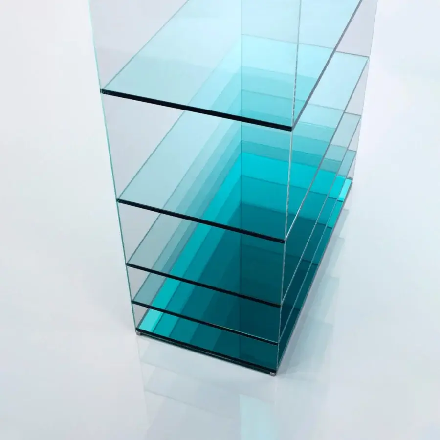 Exclusive Glas Italia Deep Sea bookcase crafted from transparent extralight glass with a gradient transitioning from blue-green to teal