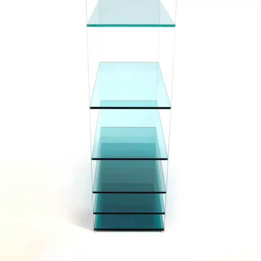 Superior Glas Italia Deep Sea bookcase in transparent extralight glass with a gradient of blue tones and six horizontal shelves