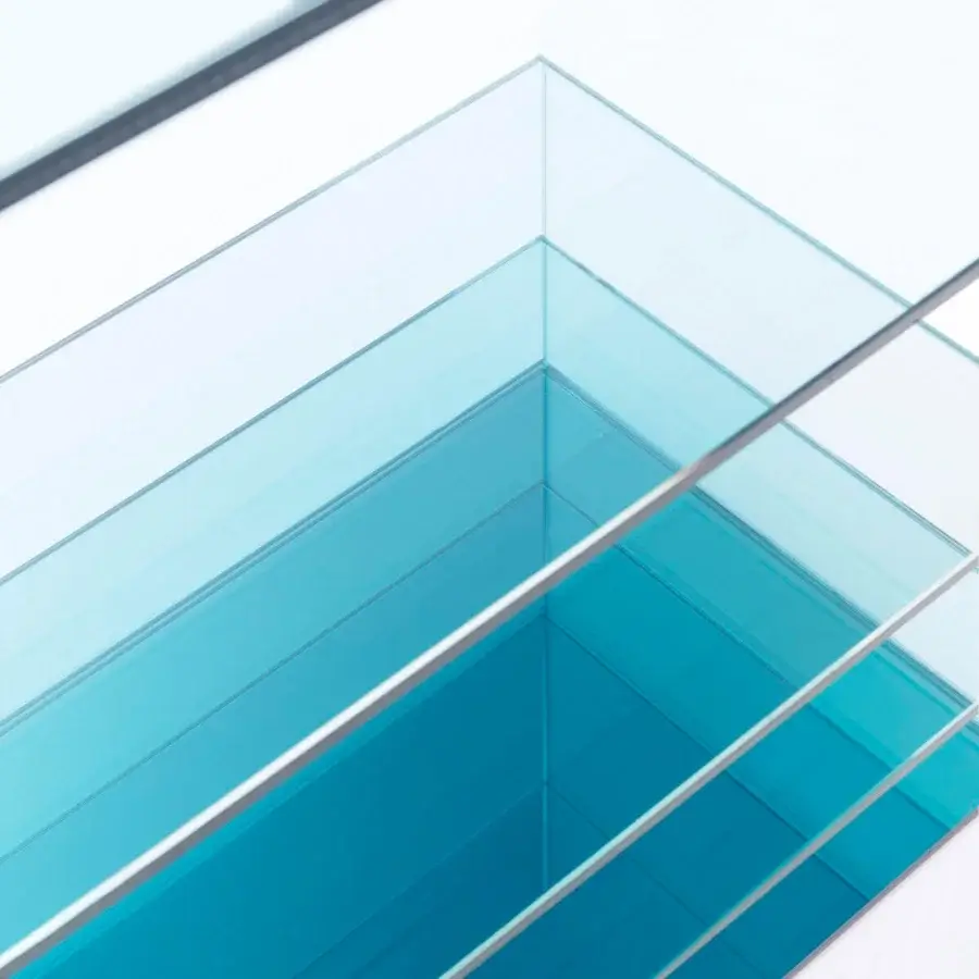 Distinguished Glas Italia Deep Sea bookcase crafted in laminated transparent extralight glass with a teal to blue-green gradient finish