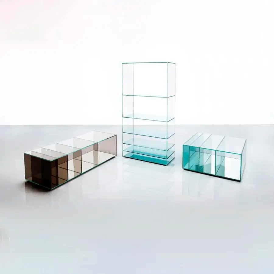 Captivating Glas Italia Deep Sea bookcase crafted in laminated transparent extralight glass with teal, grey, and amber gradient finish