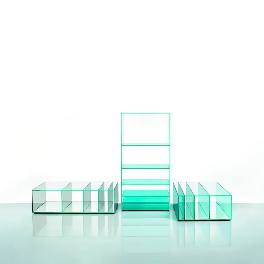 Captivating Glas Italia Deep Sea coffee table built in laminated transparent extralight glass with a gradient greenish tint and mirrored base