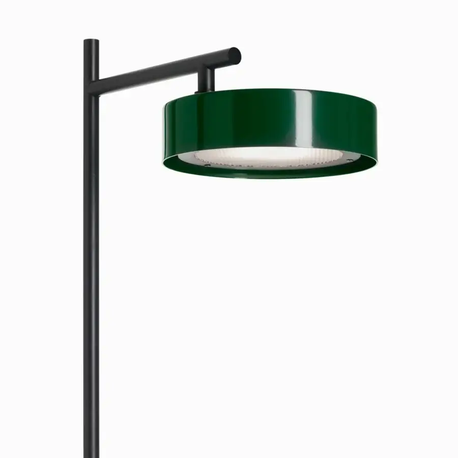 Superior Oluce Berlin-Out floor lamp with sleek black metal and saturated green cylindrical lampshade crafted in Italy