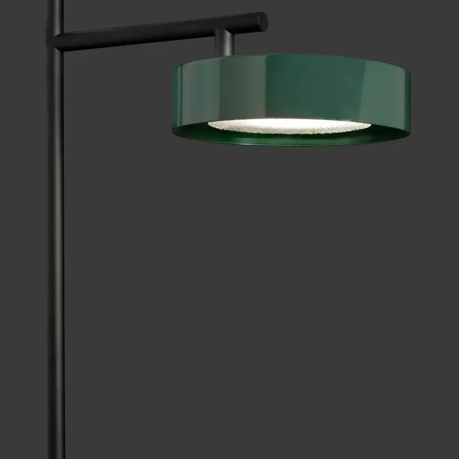 Elegant Oluce Berlin-Out floor lamp in dark teal green and black metal with a smooth matte finish