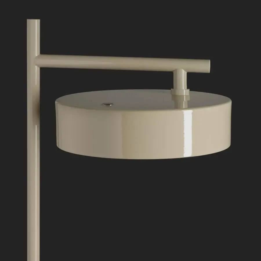 Distinguished Oluce Berlin-Out floor lamp crafted in Italy with a satin finish, beige lampshade and slender metal construction