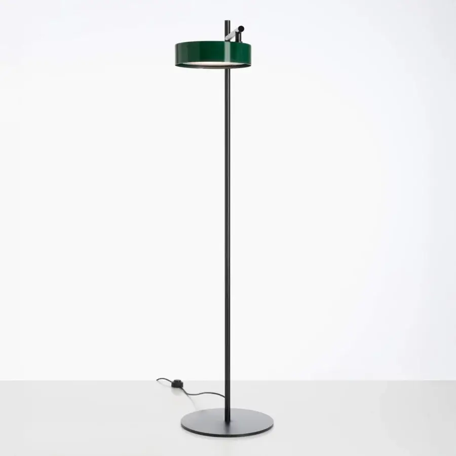 Refined Oluce Berlin-Out floor lamp with a dark green cylindrical shade and black metal stem crafted in Italy with a matte finish