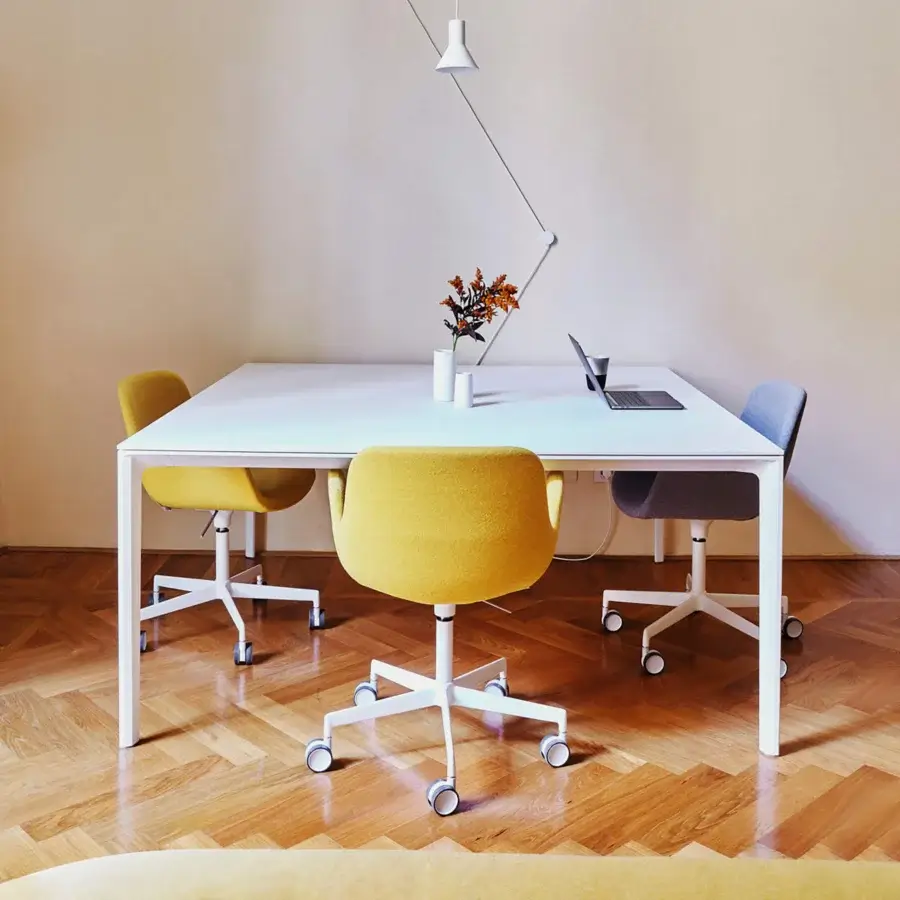 Exceptional Lapalma Pass Office armchair with vibrant mustard yellow fabric upholstery and white sandblasted aluminum base