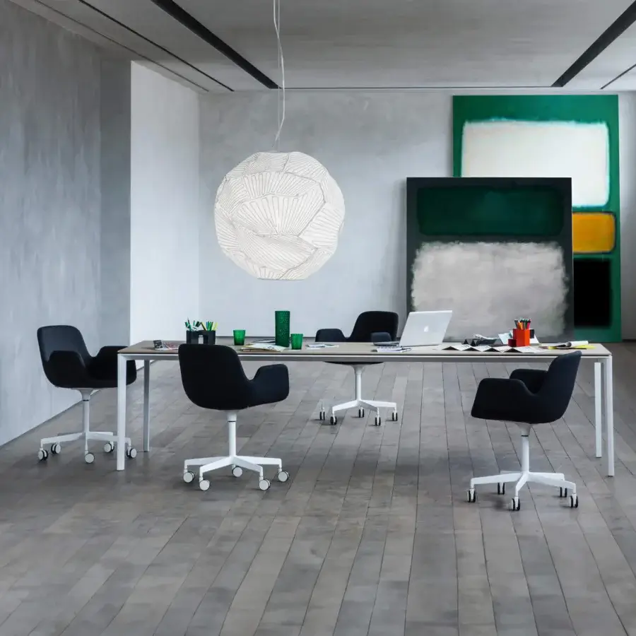 Elegant Lapalma Pass Office armchair with organically curved form upholstered in sleek black fabric and sandblasted aluminium base