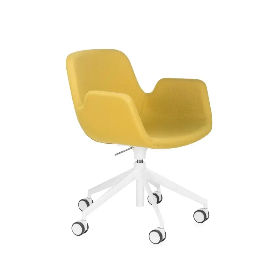 Lapalma Pass office armchair, mustard yellow fabric, rounded backrest with integrated armrests, chrome lever, white five-star base.