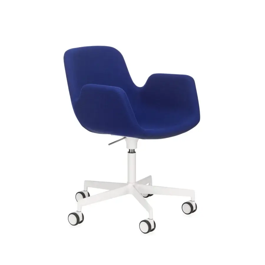 Exceptional Lapalma Pass Office armchair with curved form upholstered in deep blue fabric and white sandblasted aluminium base