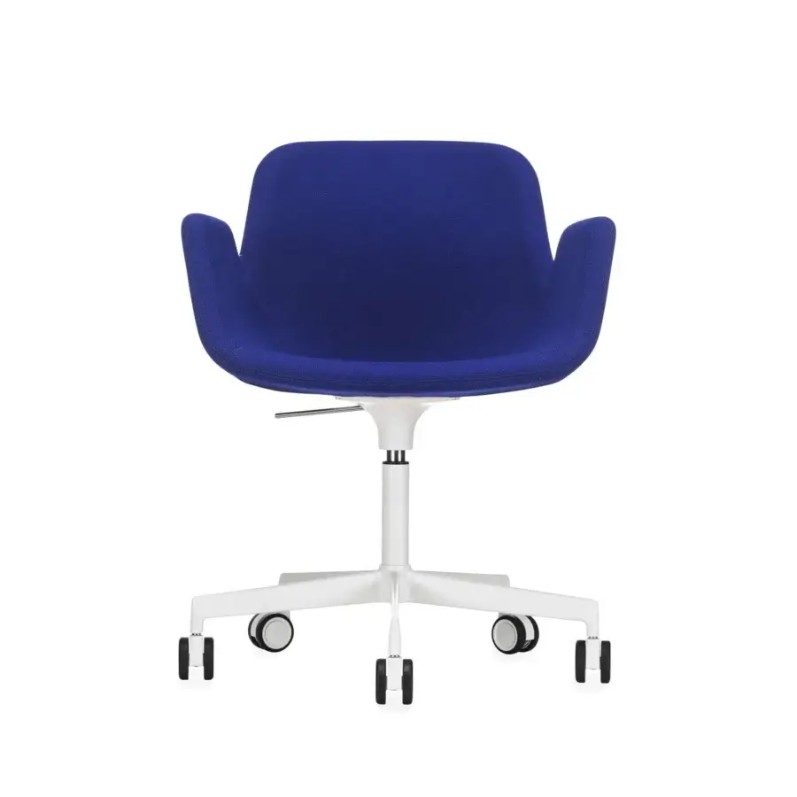 Elegant Lapalma Pass Office armchair with organically curved form and deep blue textile upholstery with a satin-finish white pyramidal base