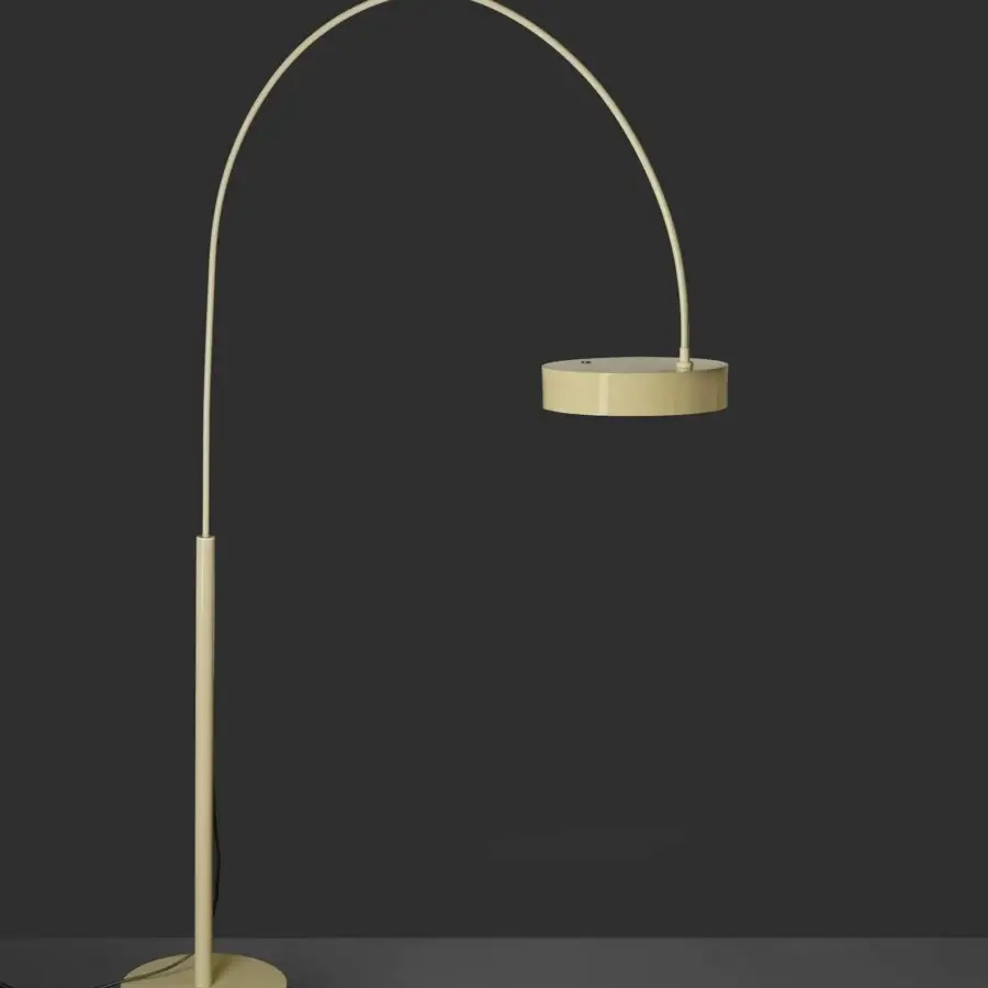 Superior Oluce Berlin-Out arched floor lamp in pale yellowish-beige metal with a smooth matte finish