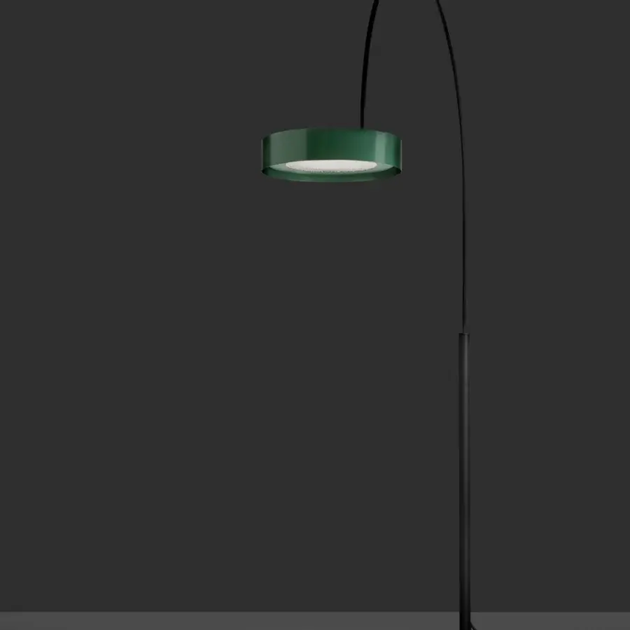 Elegant Oluce Berlin-Out arched floor lamp crafted in Italy with a matte metal finish and dark green lampshade