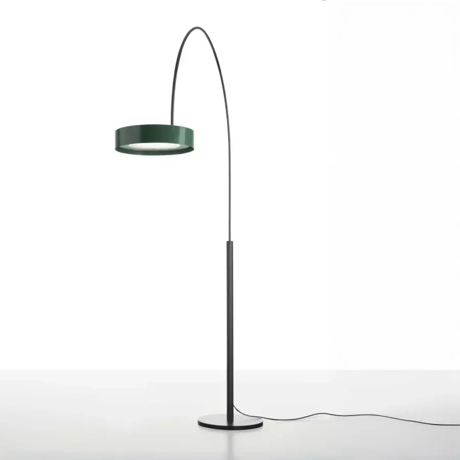 Exclusive Oluce Berlin-Out arched floor lamp with a muted green shade and darker metal finish crafted in Italy