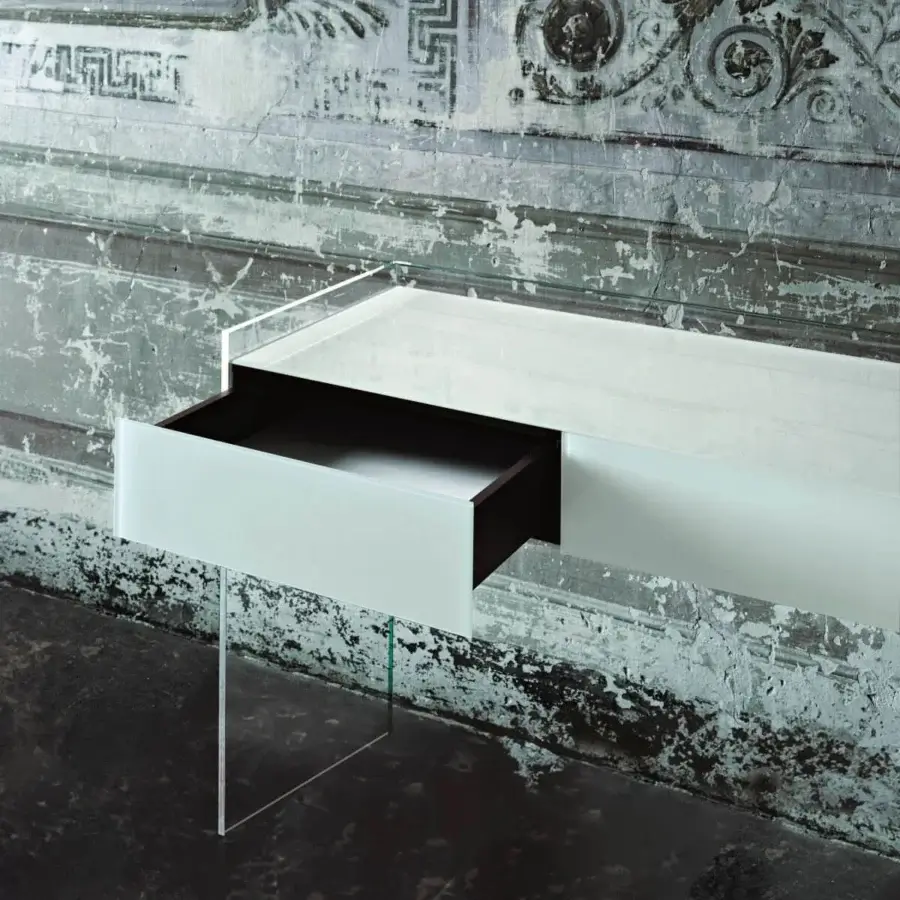 Innovative Glas Italia Float console with transparent extralight glass and wengé wood drawers in glossy lacquered white finish